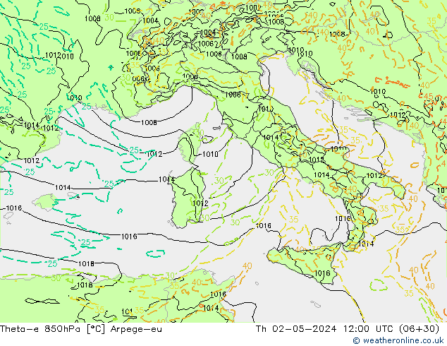 Theta-e 850hPa Arpege-eu do 02.05.2024 12 UTC