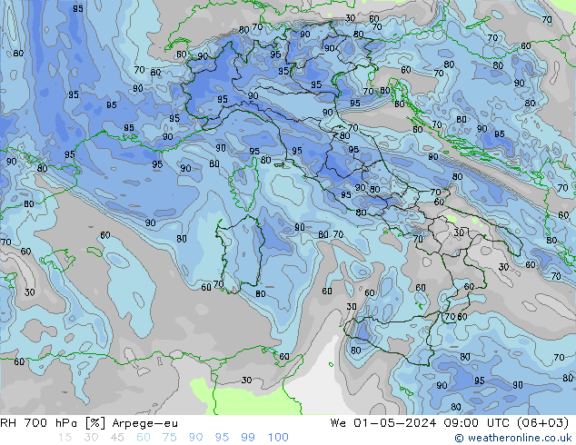 RH 700 hPa Arpege-eu Qua 01.05.2024 09 UTC