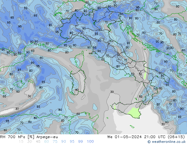 RH 700 hPa Arpege-eu We 01.05.2024 21 UTC