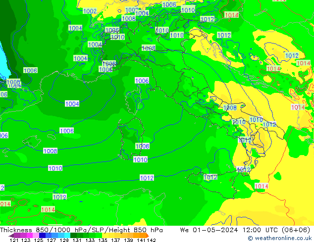 Thck 850-1000 гПа Arpege-eu ср 01.05.2024 12 UTC