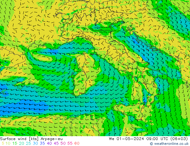 Vento 10 m Arpege-eu mer 01.05.2024 09 UTC