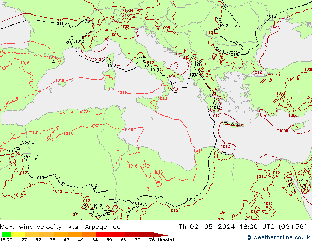 Max. wind velocity Arpege-eu Th 02.05.2024 18 UTC