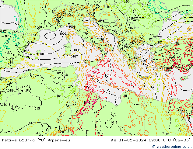 Theta-e 850hPa Arpege-eu We 01.05.2024 09 UTC