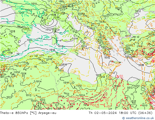 Theta-e 850hPa Arpege-eu Th 02.05.2024 18 UTC