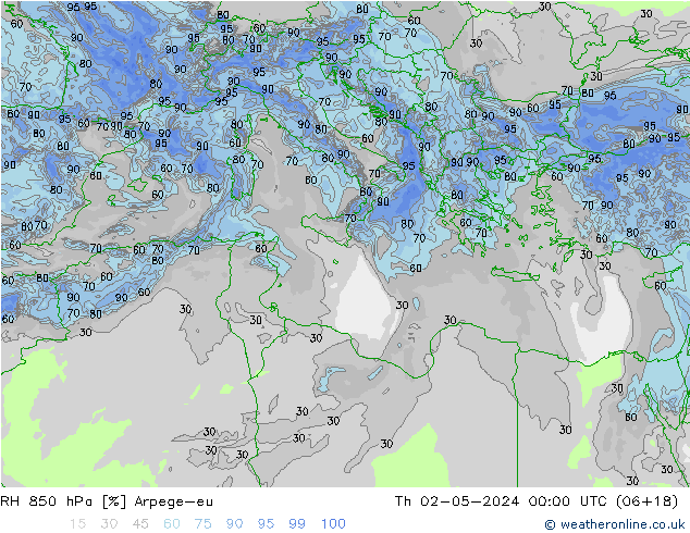 RH 850 hPa Arpege-eu Čt 02.05.2024 00 UTC
