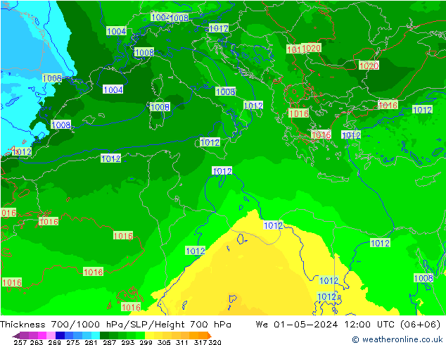 Thck 700-1000 hPa Arpege-eu Qua 01.05.2024 12 UTC