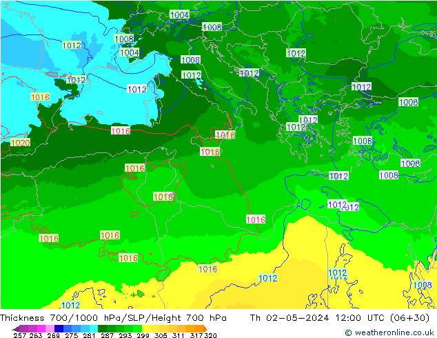 Thck 700-1000 hPa Arpege-eu gio 02.05.2024 12 UTC