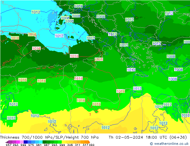 Thck 700-1000 hPa Arpege-eu Th 02.05.2024 18 UTC