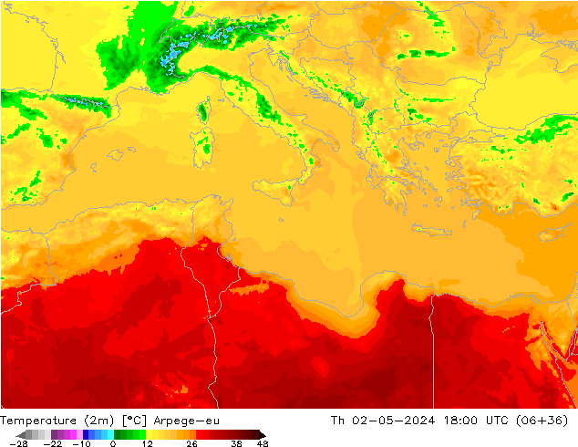 Temperature (2m) Arpege-eu Th 02.05.2024 18 UTC