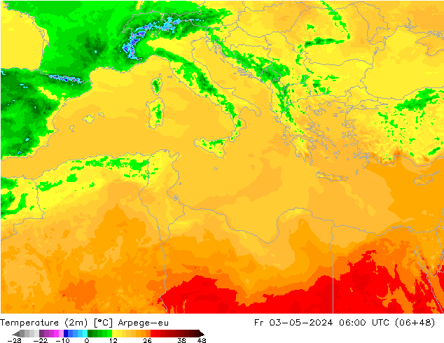 mapa temperatury (2m) Arpege-eu pt. 03.05.2024 06 UTC