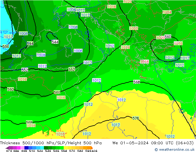 Thck 500-1000гПа Arpege-eu ср 01.05.2024 09 UTC