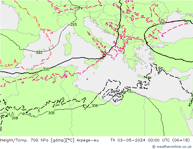 Height/Temp. 700 hPa Arpege-eu Th 02.05.2024 00 UTC