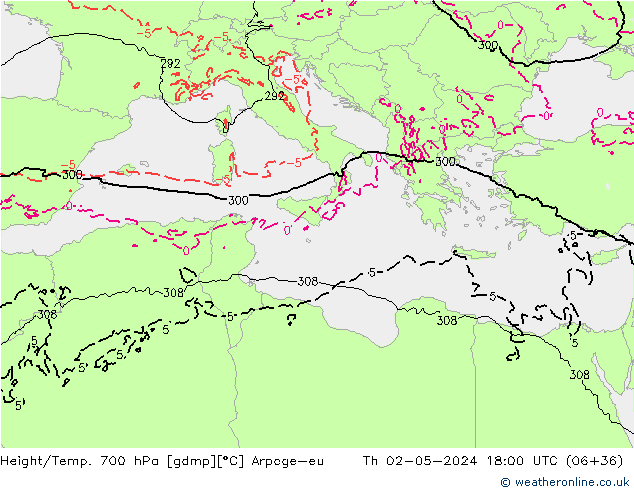 Height/Temp. 700 hPa Arpege-eu Čt 02.05.2024 18 UTC