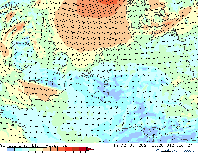 Surface wind (bft) Arpege-eu Čt 02.05.2024 06 UTC