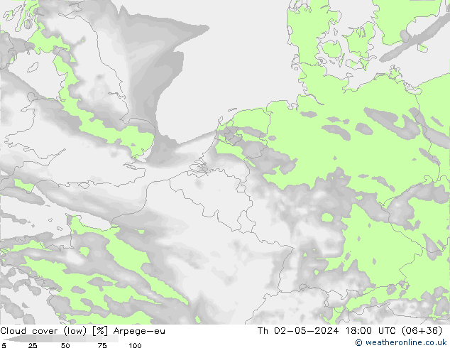 Cloud cover (low) Arpege-eu Th 02.05.2024 18 UTC