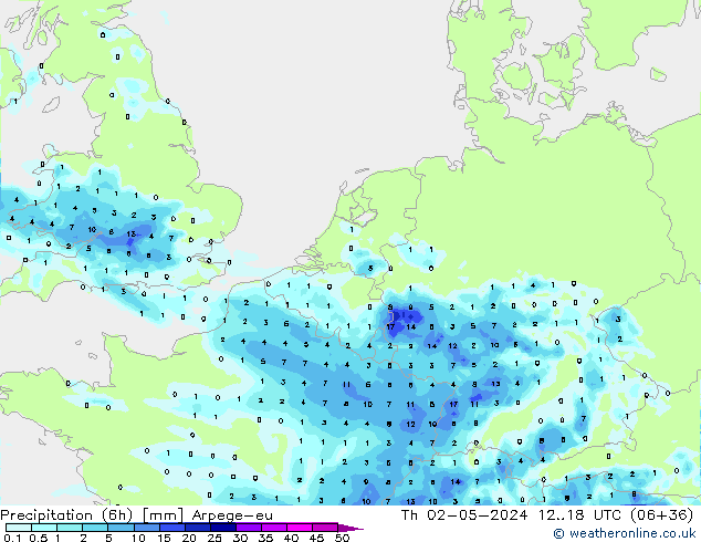 осадки (6h) Arpege-eu чт 02.05.2024 18 UTC