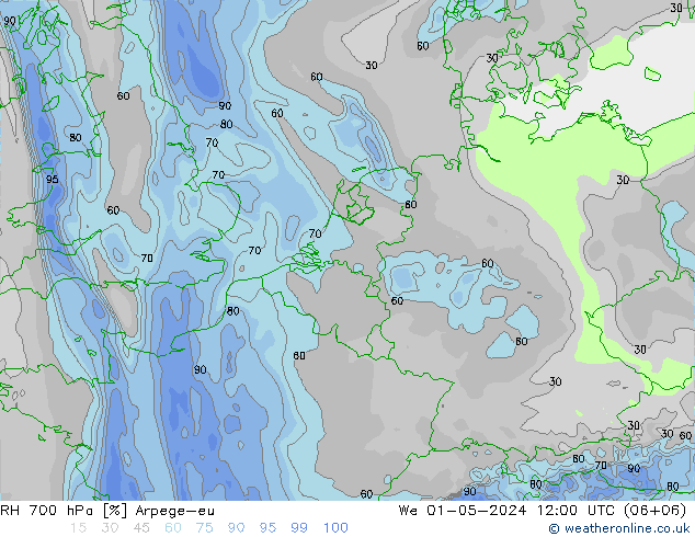 RH 700 hPa Arpege-eu śro. 01.05.2024 12 UTC