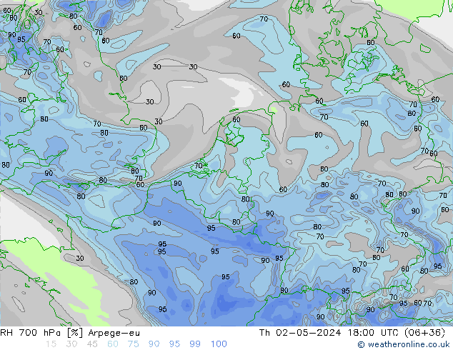 RH 700 hPa Arpege-eu Čt 02.05.2024 18 UTC