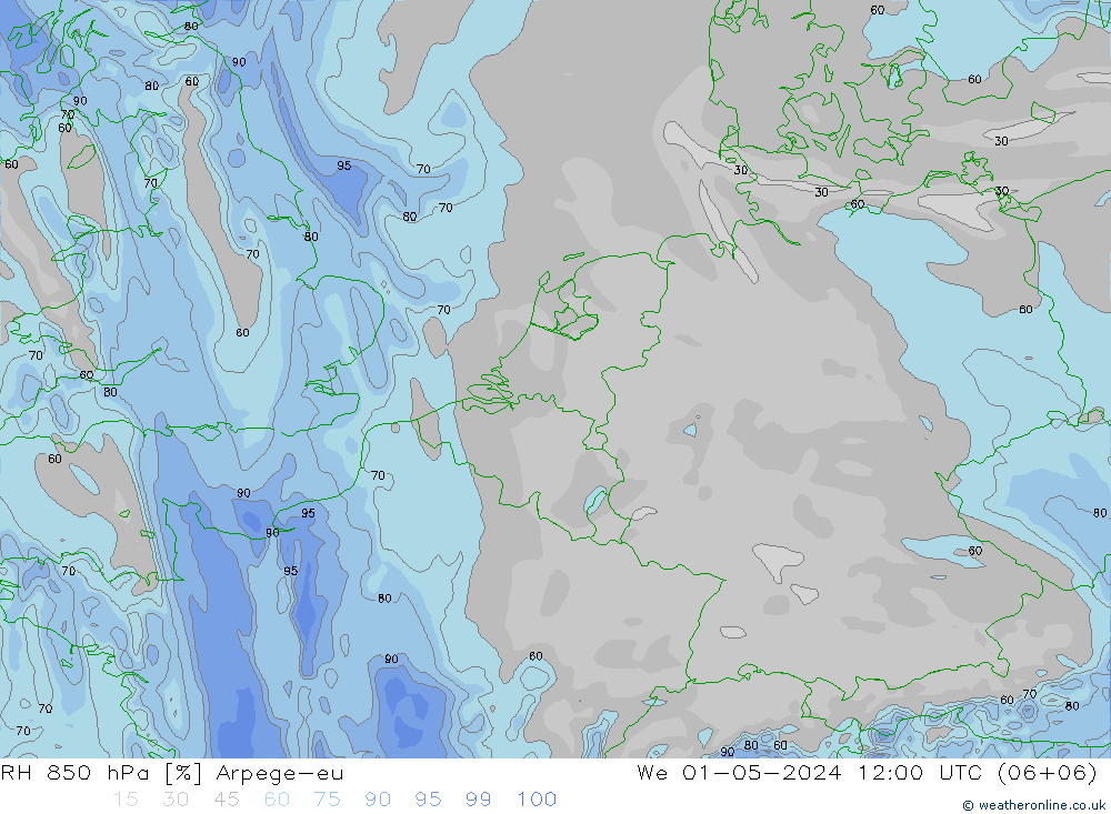 RH 850 hPa Arpege-eu We 01.05.2024 12 UTC