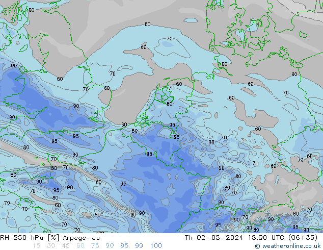 Humedad rel. 850hPa Arpege-eu jue 02.05.2024 18 UTC