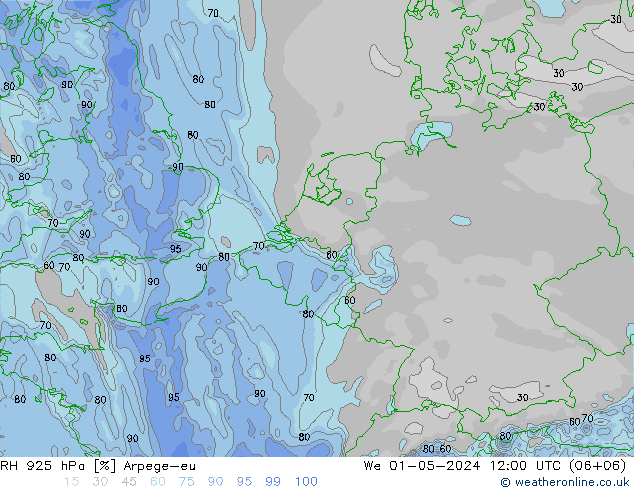 RH 925 hPa Arpege-eu śro. 01.05.2024 12 UTC