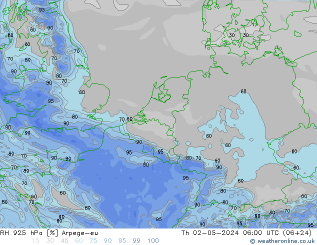 RH 925 hPa Arpege-eu Th 02.05.2024 06 UTC