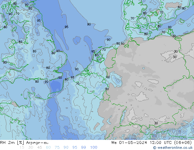 RH 2m Arpege-eu Mi 01.05.2024 12 UTC