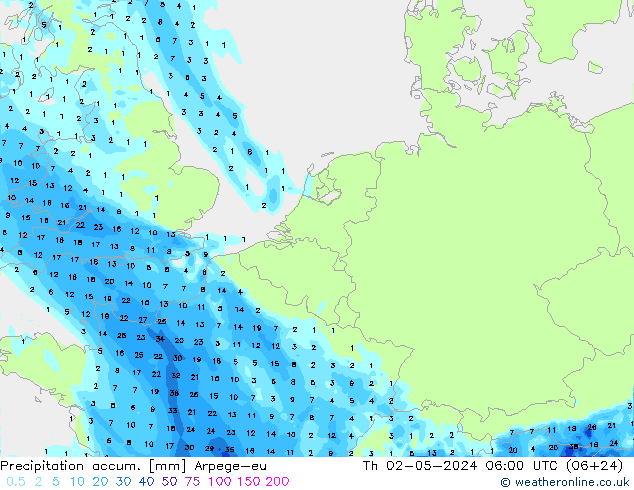 Precipitation accum. Arpege-eu czw. 02.05.2024 06 UTC