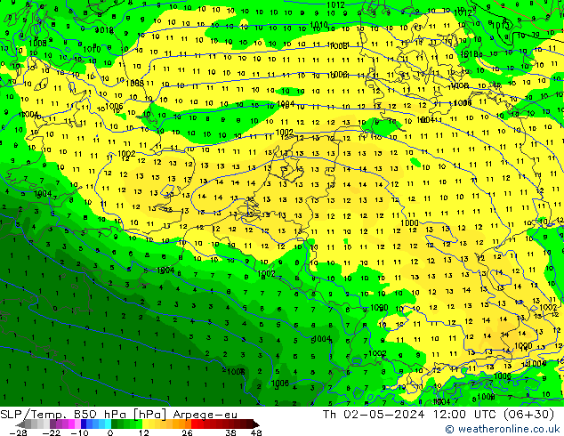 SLP/Temp. 850 гПа Arpege-eu чт 02.05.2024 12 UTC