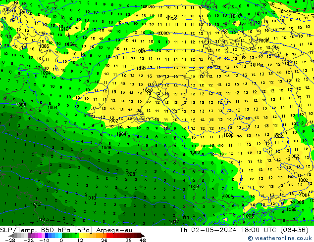 SLP/Temp. 850 hPa Arpege-eu jue 02.05.2024 18 UTC