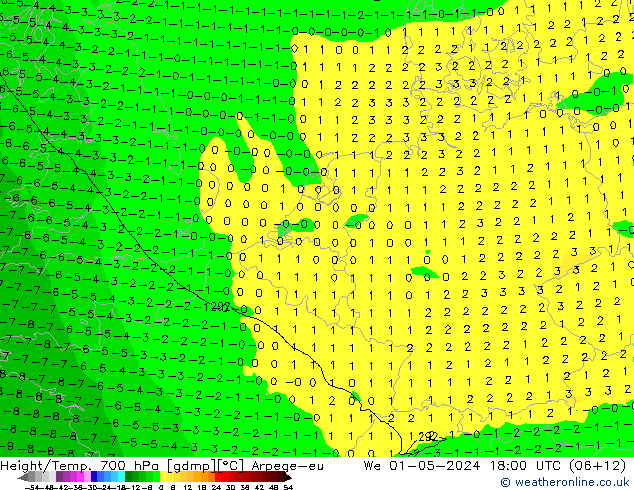 Height/Temp. 700 hPa Arpege-eu We 01.05.2024 18 UTC