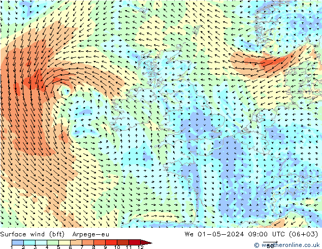 Surface wind (bft) Arpege-eu We 01.05.2024 09 UTC