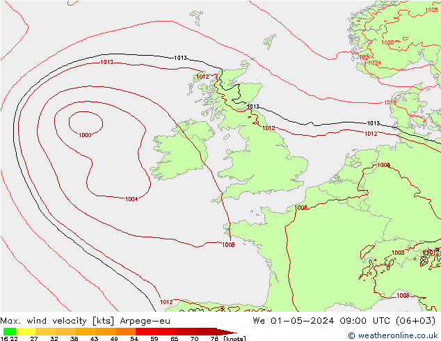 Max. wind snelheid Arpege-eu wo 01.05.2024 09 UTC