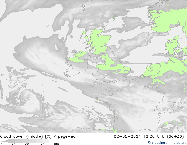 Cloud cover (middle) Arpege-eu Th 02.05.2024 12 UTC