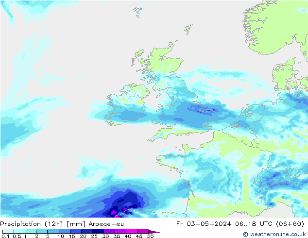 осадки (12h) Arpege-eu пт 03.05.2024 18 UTC