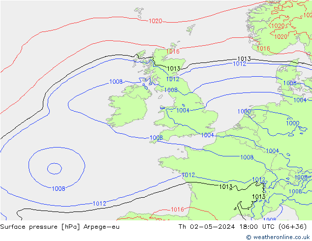 Surface pressure Arpege-eu Th 02.05.2024 18 UTC