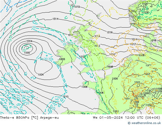 Theta-e 850hPa Arpege-eu mié 01.05.2024 12 UTC