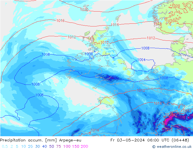 Precipitation accum. Arpege-eu Fr 03.05.2024 06 UTC