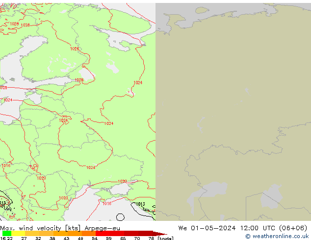 Max. wind velocity Arpege-eu mer 01.05.2024 12 UTC