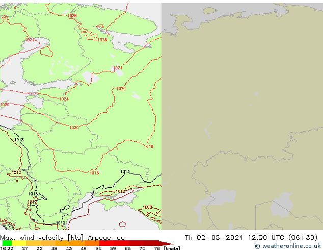 Max. wind velocity Arpege-eu Th 02.05.2024 12 UTC