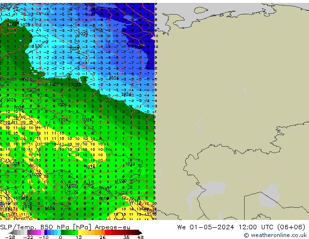 850 hPa Yer Bas./Sıc Arpege-eu Çar 01.05.2024 12 UTC