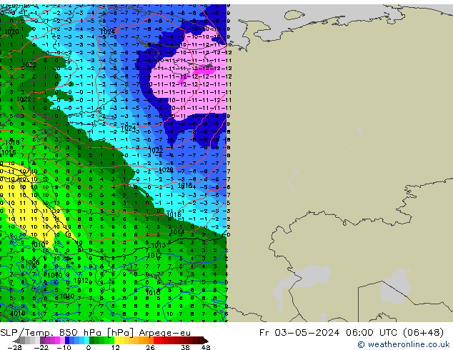 SLP/Temp. 850 hPa Arpege-eu Fr 03.05.2024 06 UTC