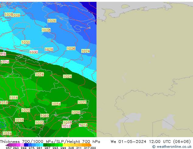 Thck 700-1000 hPa Arpege-eu mer 01.05.2024 12 UTC