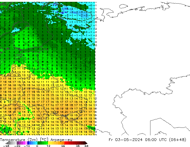 Temperatura (2m) Arpege-eu Sex 03.05.2024 06 UTC