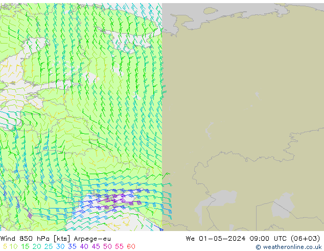 Vento 850 hPa Arpege-eu Qua 01.05.2024 09 UTC