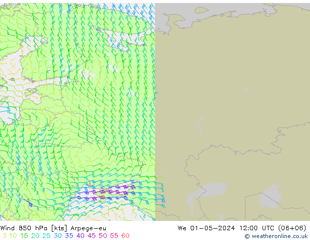 Vento 850 hPa Arpege-eu Qua 01.05.2024 12 UTC