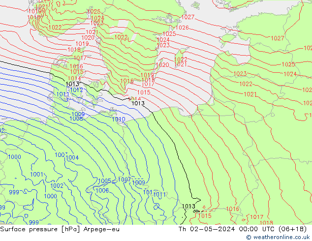 Surface pressure Arpege-eu Th 02.05.2024 00 UTC