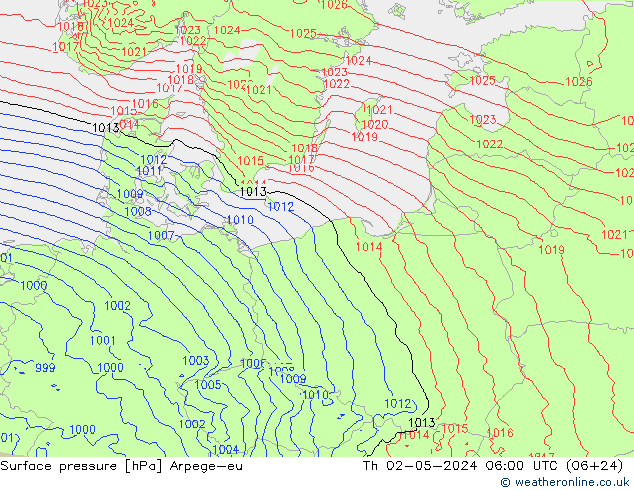 Atmosférický tlak Arpege-eu Čt 02.05.2024 06 UTC