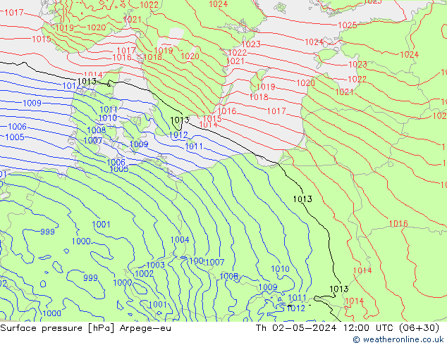 Surface pressure Arpege-eu Th 02.05.2024 12 UTC