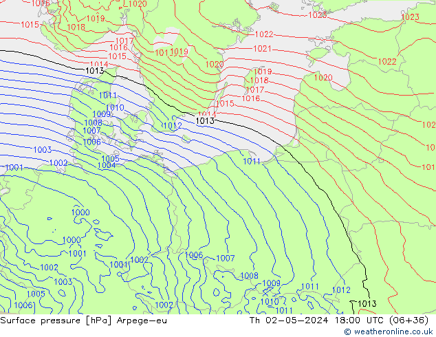 Surface pressure Arpege-eu Th 02.05.2024 18 UTC